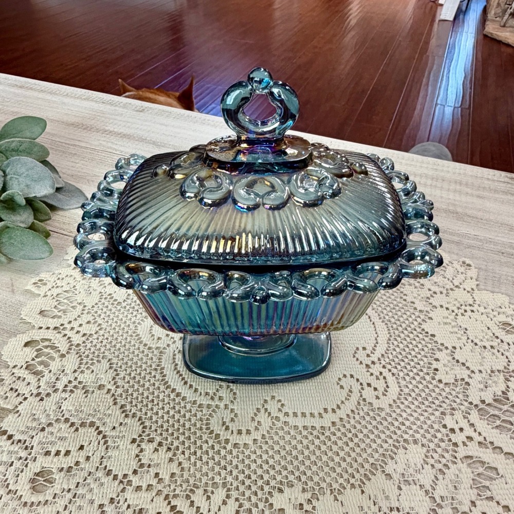 Vintage Blue Carnival Glass Lidded Candy Dish Iridescent Footed Ribbed Compote